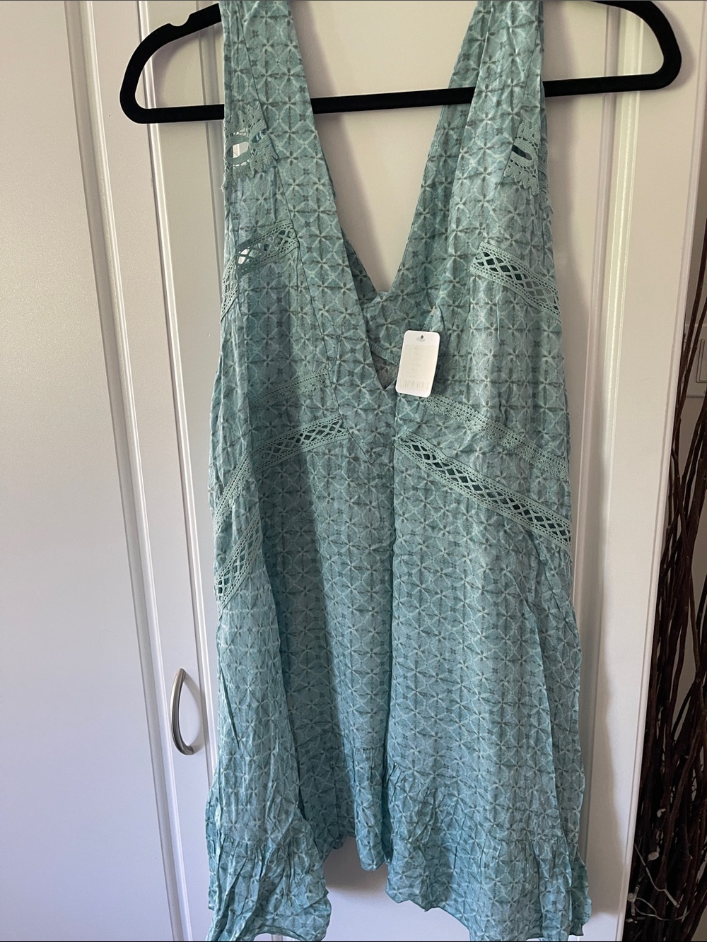 Free People Teal V-Neck Mini Dress with Lace Insets